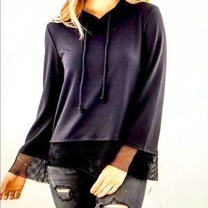 Sz L Hippie Chic Black Mesh-Accent Hoodie